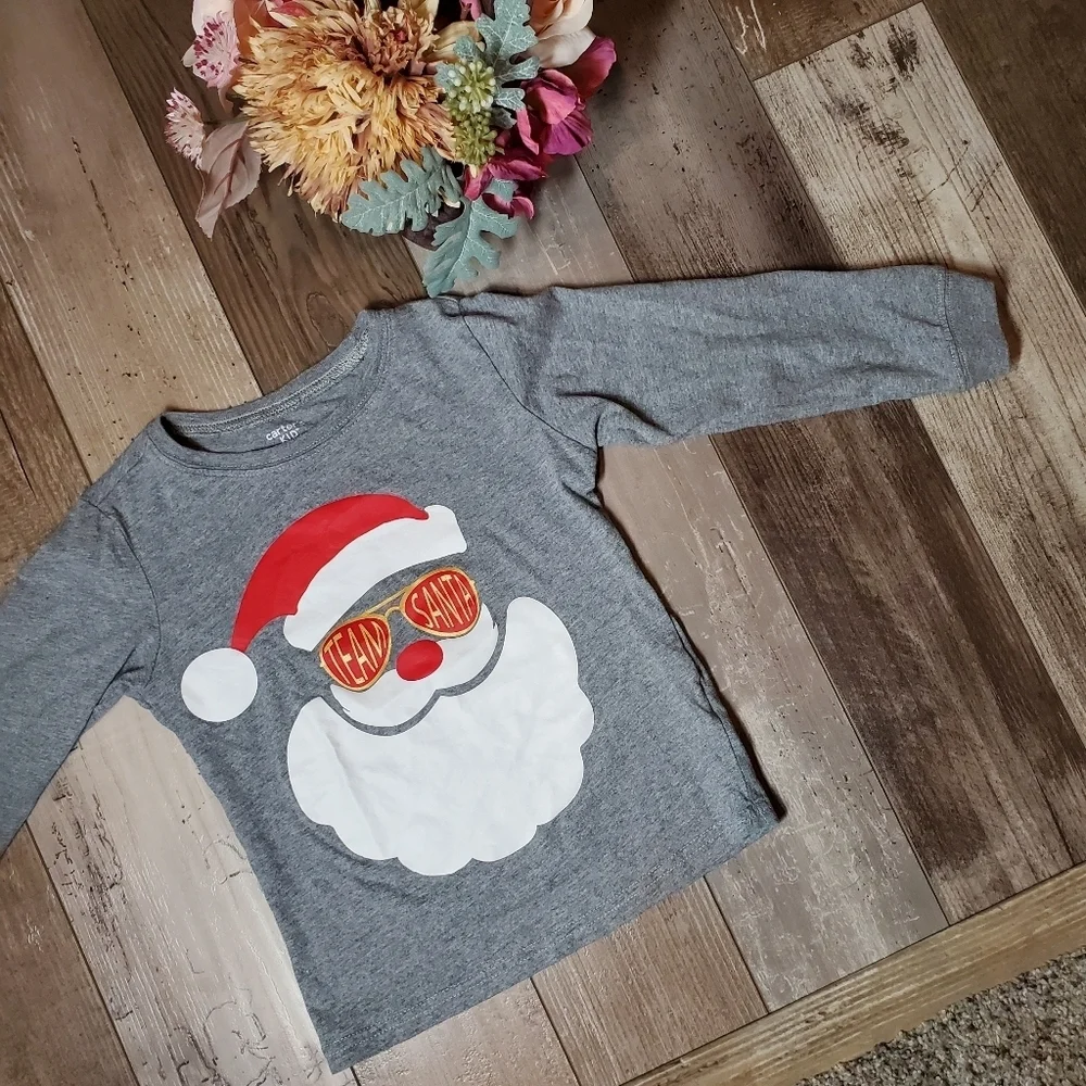 Carter's Kid Size 5/5A Gray Team Santa Cotton Graphic Print Long Sleeve Tee NWOT